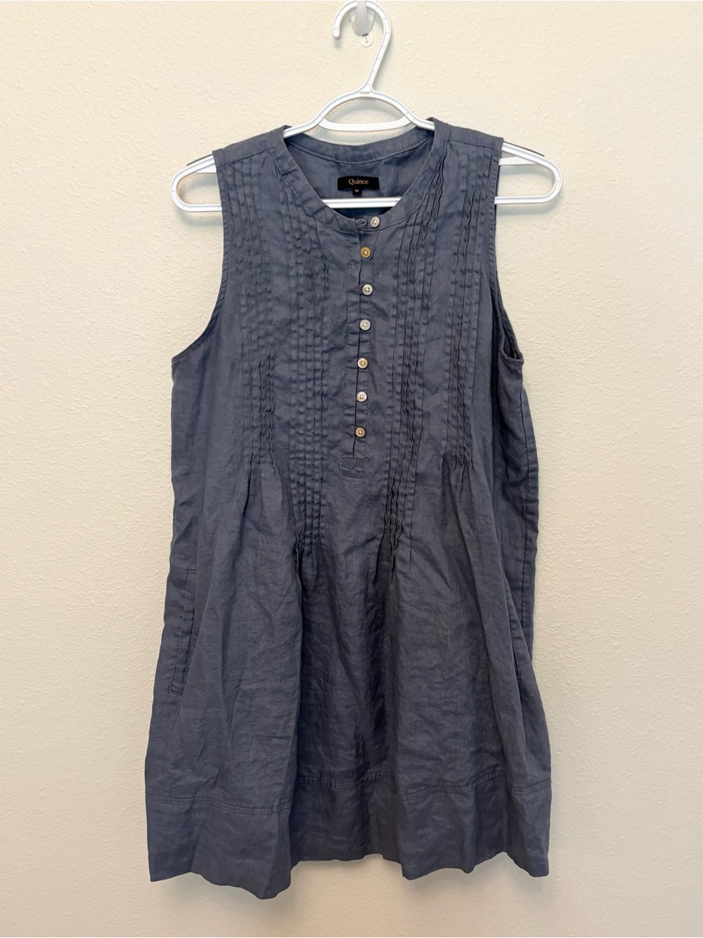 Quince 100% European Linen Sleeveless Swing Dress Moonstone Blue Pintuck Size M